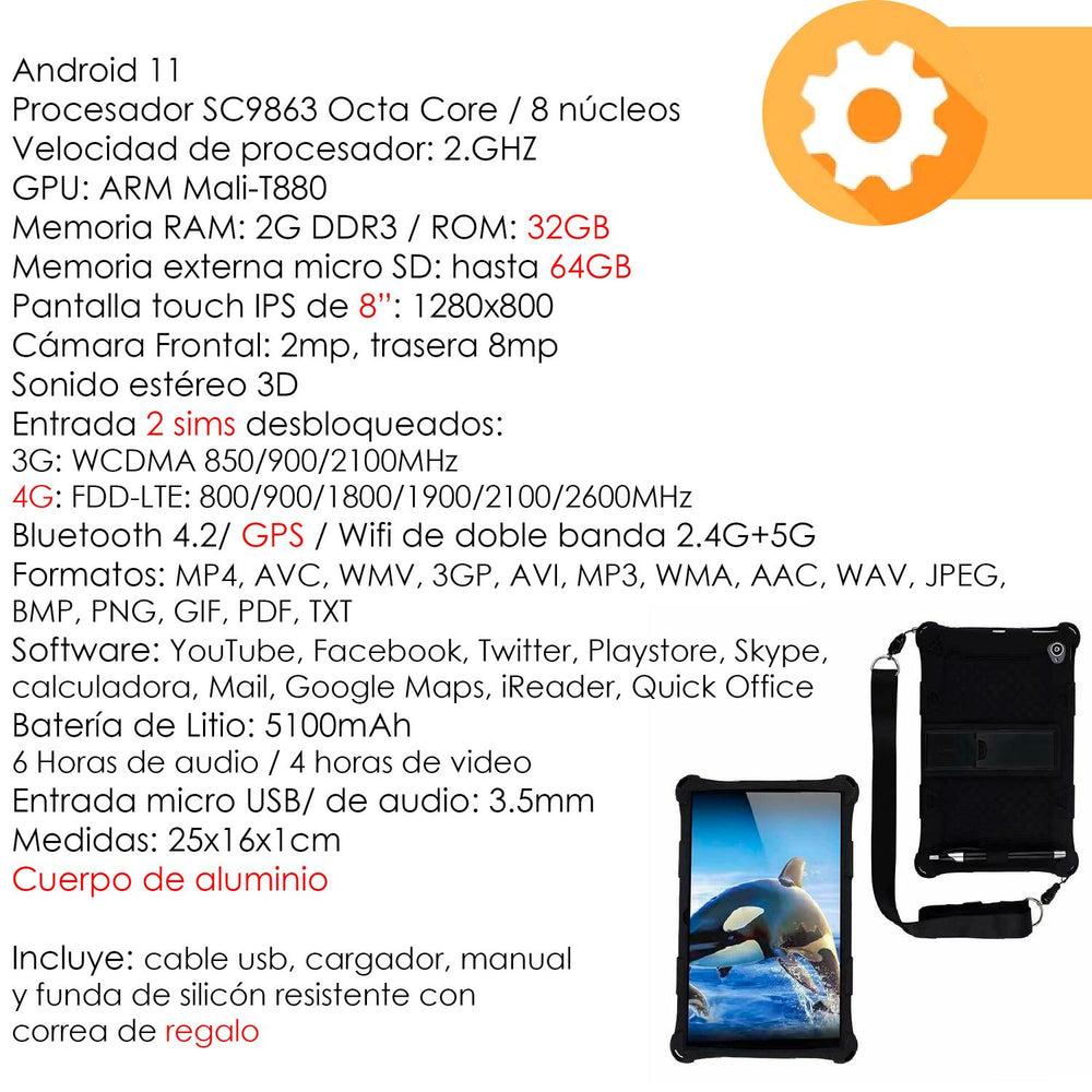 Tablet VAK 73x 8' HD 2+32gb Doble Camara sim Android 11 wifi