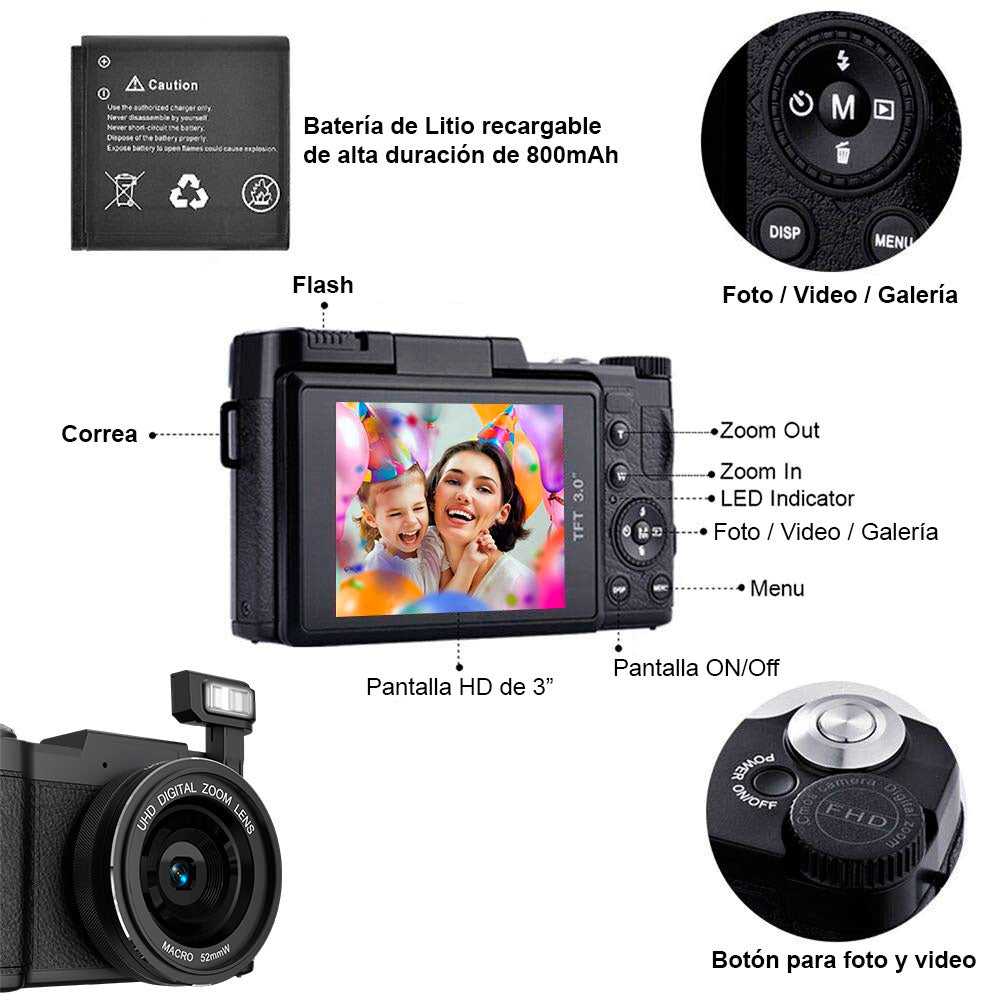 Cámara Digital Dsrl Vak 3500 Lcd 3' 64mp App Lentes intercambiables