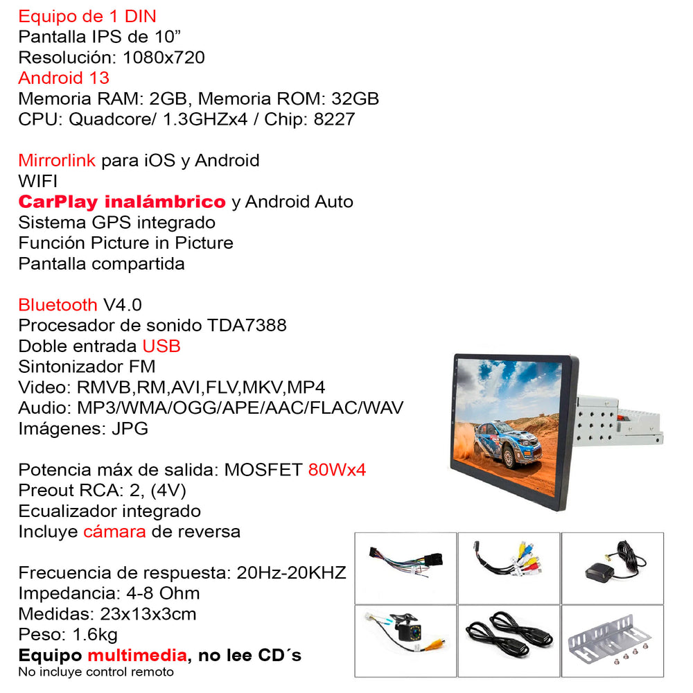 Autoestereo VAK 3700u 1 DIN 10" ANDROID CARPLAY CAMARA GPS