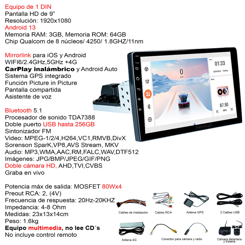 Autoestereo Vak 3900 1 Din 9 Con 2 Camaras Android Y Carplay