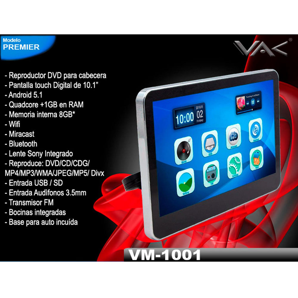 Pantalla DVD Vak 1001 Touch 10' Android Hdmi Usb 8GB Wifi Bluetooth Portàtil